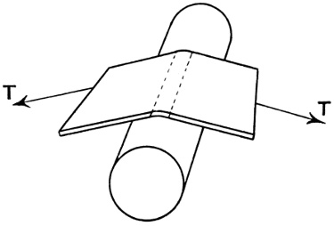 The same strap under the same tension T, bent gently over a much thicker cylinder, so that it lies over a broader and flatter curve.
