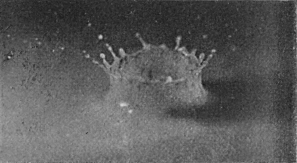 4 0·007 sec. — The crater at its tallest, a thin-walled cup whose rim breaks into a ring of jets, each tipped with a little bead, with small drops flying off above.