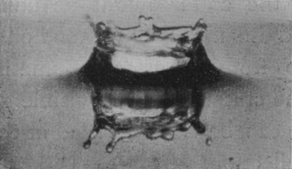3 0·013 sec. — A taller crater whose rim is thrown up into irregular jets; in the inverted image beneath, the tips of the jets are swelling into drops.