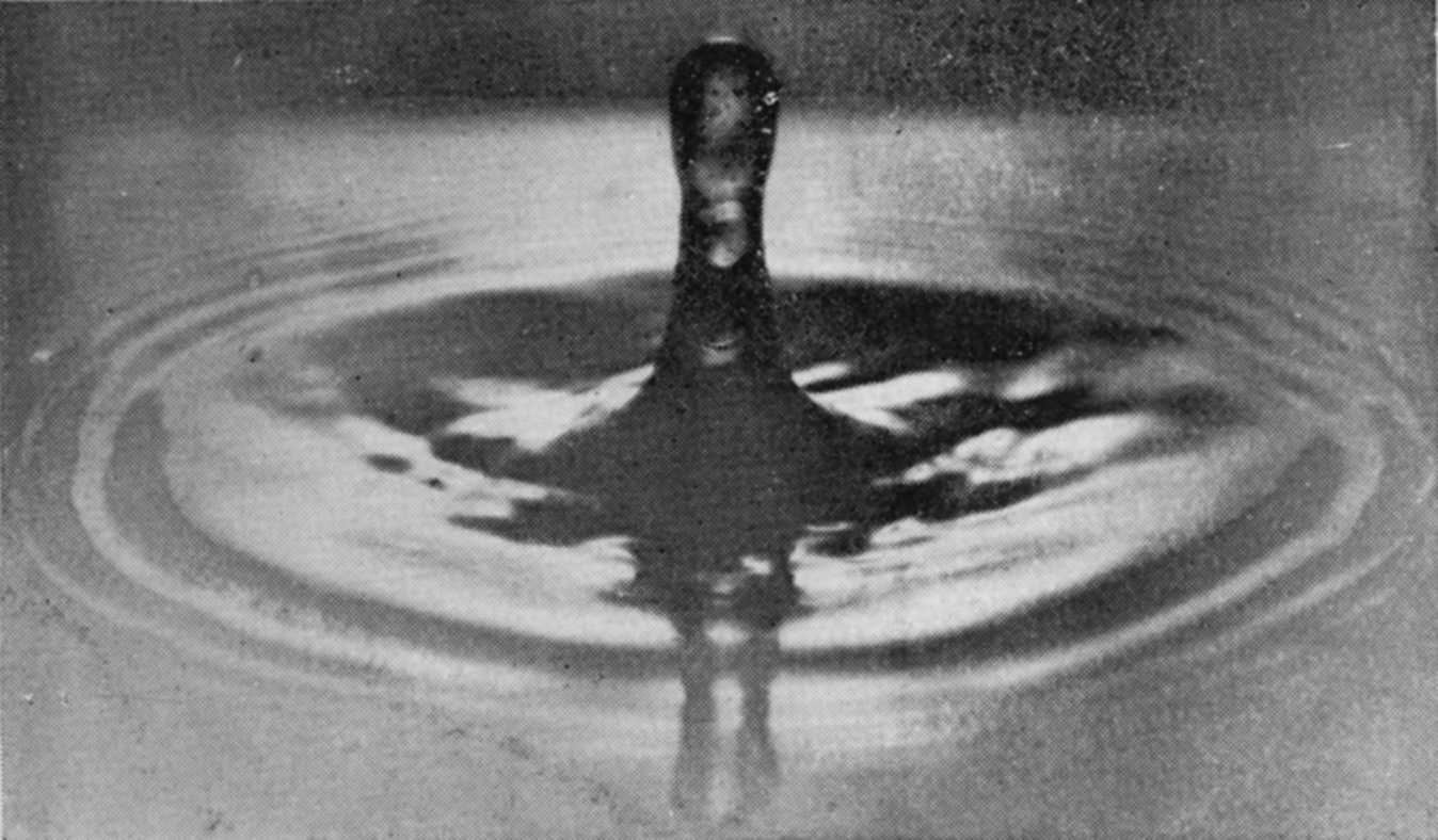 10 0·014 sec. — The column has grown taller and its head rounder, standing among wide concentric ripples and doubled by its reflection in the surface.
