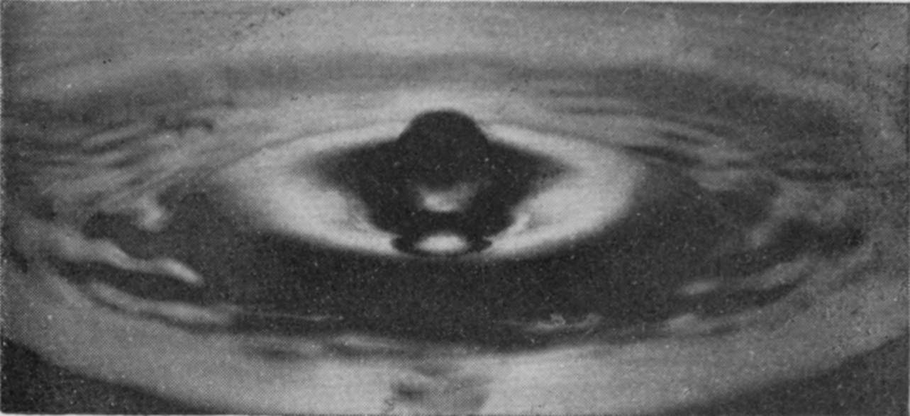 13 0·185 sec. — The column is shorter, with a pear-shaped head, and the depression round its base has widened within a bright ring of disturbed water.