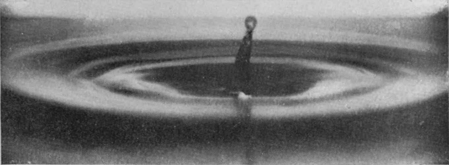 16 0·247 sec. — A thin secondary column tipped with a small drop is rising out of a wide dark hollow, surrounded by broad rings of ripples.