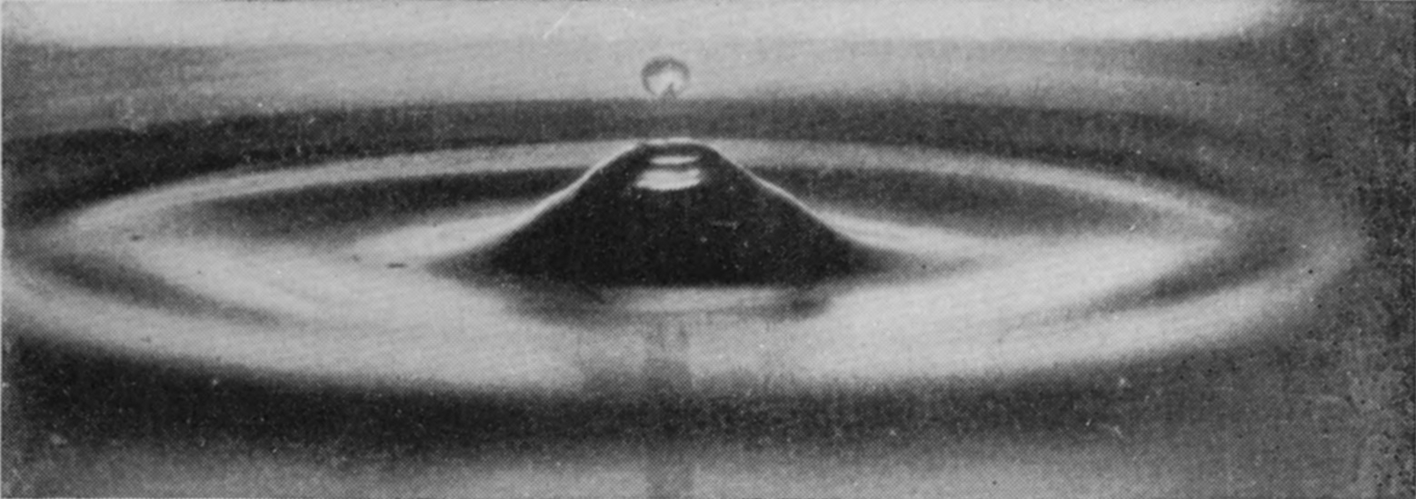 19 0·285 sec. — The cone has sunk lower and a small central depression has formed at its summit, while a detached drop hangs in the air above.