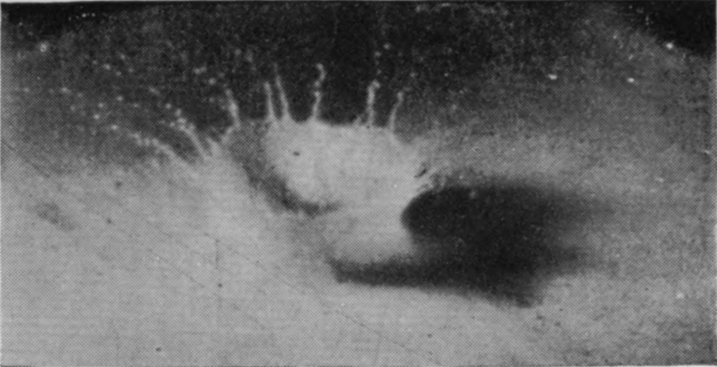 2 0·005 sec. — A crater has opened in the milky liquid and a ring of thin jets rises from its rim, with a dark shadow lying across the surface beside it.