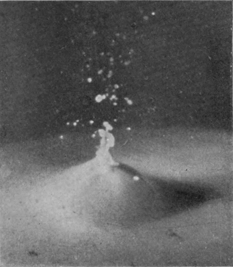 7 0·036 sec. — The closed bubble stands as a furrowed dome with a slender twisted jet at its summit and a few drops above.