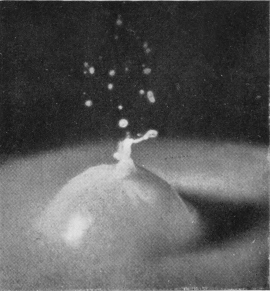 8 0·053 sec. — The bubble has grown rounder, smoother and thinner, with a small jet curling over at its top and a line of drops rising above it.