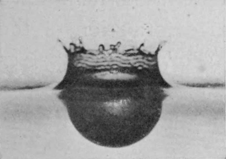 4 0·012 sec. — The crater's rim is scalloped into short jets tipped with droplets, while below the surface the cavity has swelled into an almost perfect hemisphere.