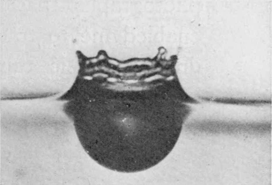 5 0·016 sec. — The cavity below the surface is at its deepest and still spherical; above it the rippled walls of the crater carry five jets with beaded tips.
