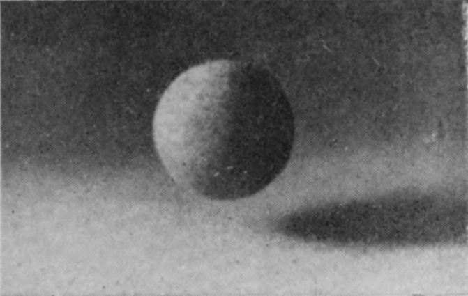 1 T = 0 — The rough sphere hangs just above the milky surface a moment before contact, its shadow falling on the liquid below and to the right.
