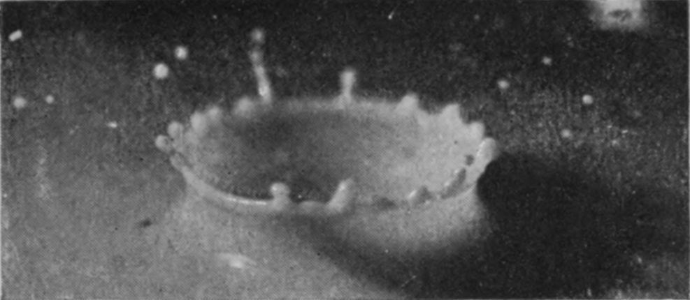 7 0·024 sec. — The crater wall has thickened, and fewer, broader lobes stand around the rim while detached drops fly above.