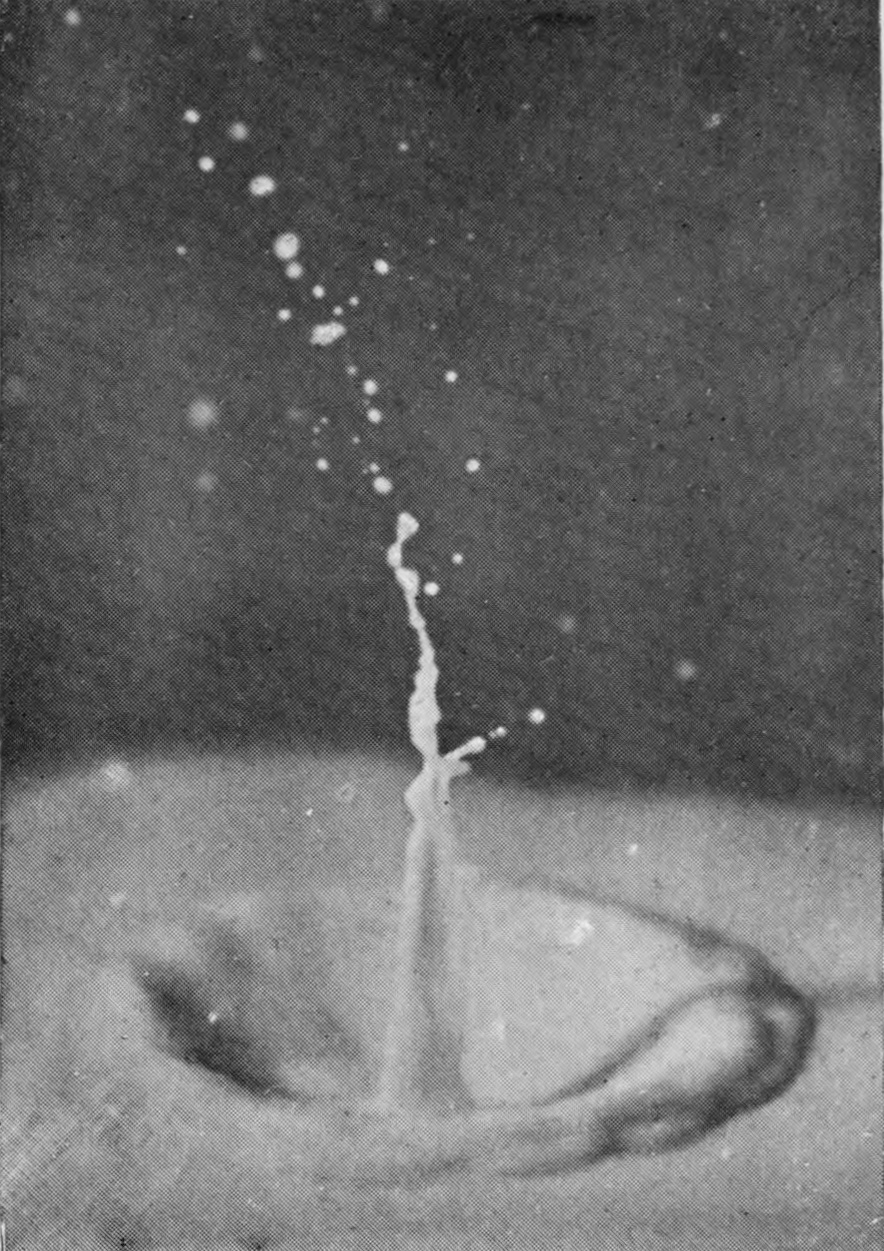 12 0·076 sec. — The jet stands higher but ragged and crooked, throwing off a spray of drops as the crater subsides around its base.