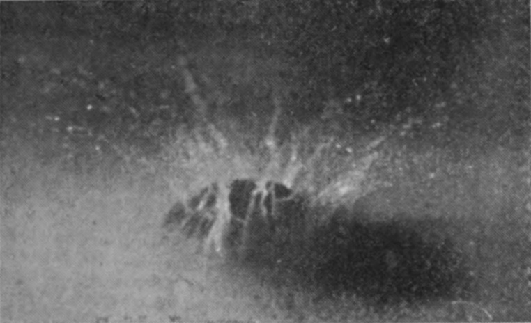 4 0·002 sec. — Before the summit is covered, the enveloping sheath breaks away from the surface, and fine jets shoot up and outward from all round the sphere.