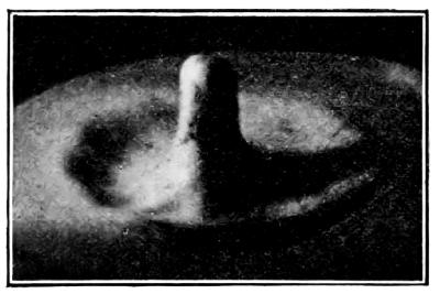 Time after contact = ·101 sec. — A thick column of liquid rises from the centre of a wide shallow hollow circled by ripples.