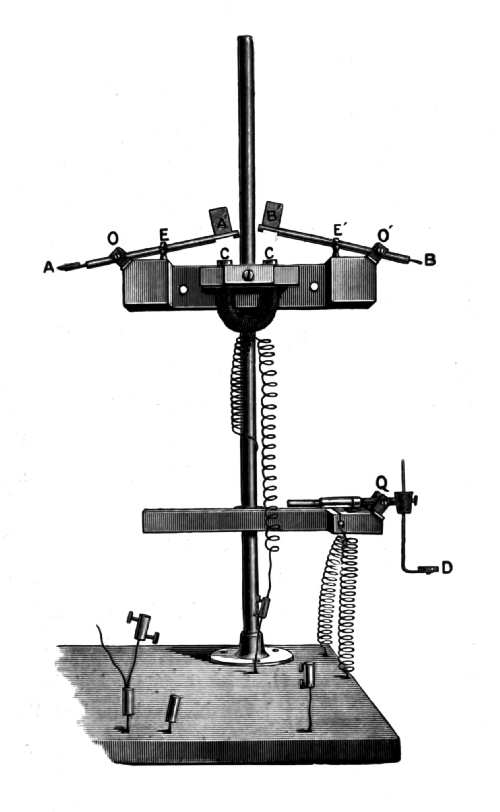 Fig. 1 — Engraving of the release apparatus: an upright stand carrying levers AA´ and BB´, pivoted at O and O´ and held down by electro-magnet C, with the lower lever at Q and its plate D.