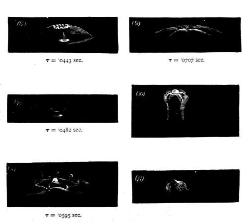 Fourth Series 6 through 11 — The dome opens and subsides, and the drop emerges; the return wave overwhelms it, it reappears at the top of a column, and the column collapses.