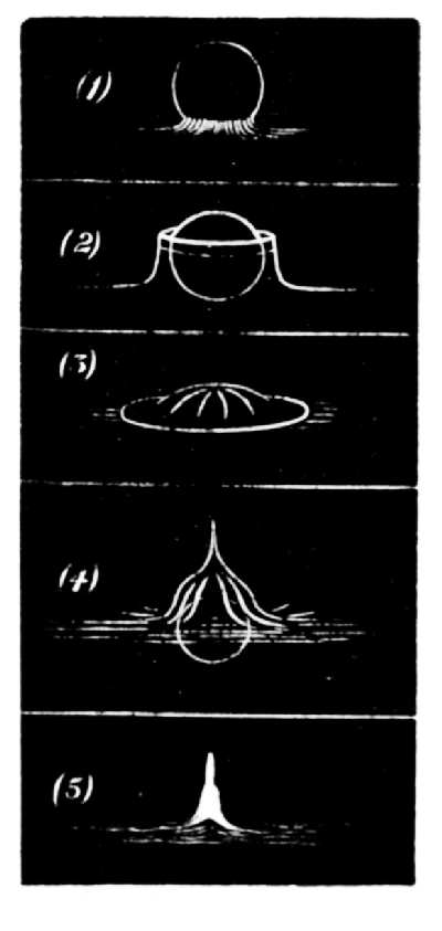 Series VI. When the sphere is dry and polished . — The water sheaths the dry, polished marble as a collar, spreads over it in a low ribbed mound, and closes above it in a small jet.