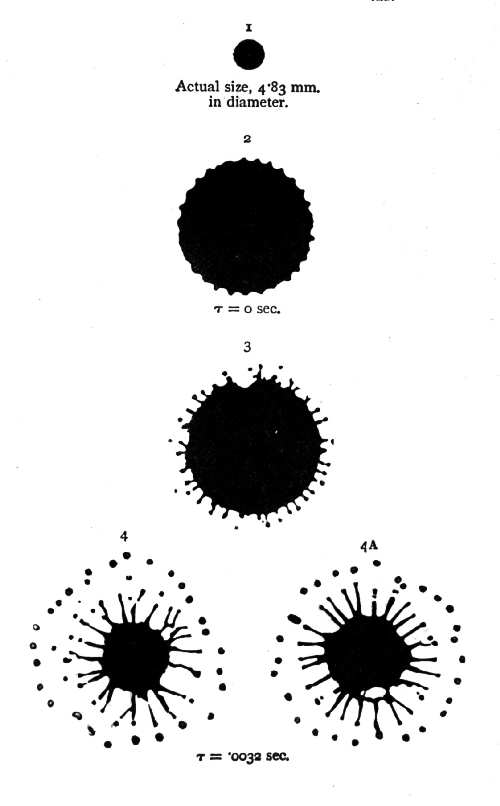 Eleventh Series 1 through 4A — Silhouettes of the drop, a disc with a wavy edge, a disc fringed with rays, and two nearly matching stars of rays inside a circle of detached droplets.