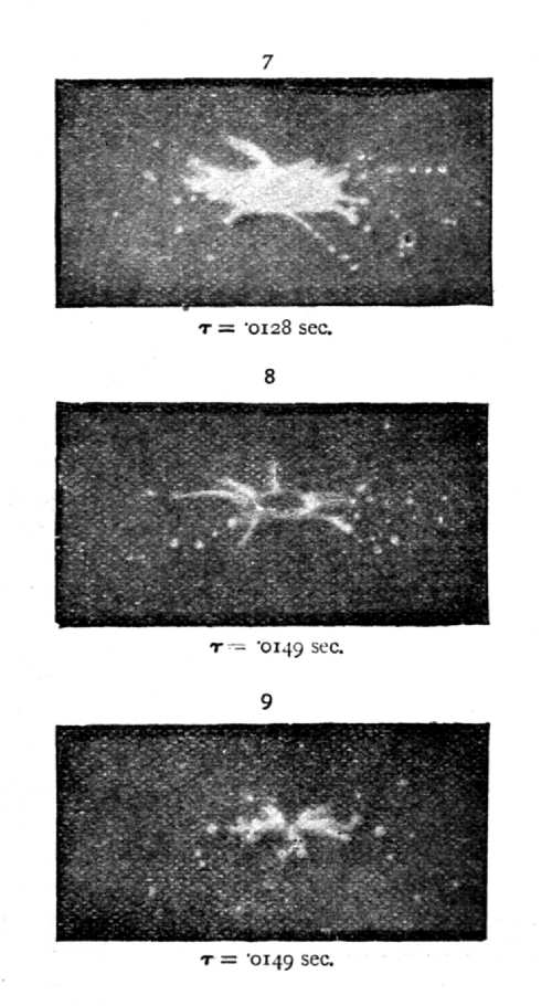 Thirteenth Series 7 through 9 — The spread milk throws out arms with a row of droplets; the thin central film tears, and the splash breaks into scattered remnants.